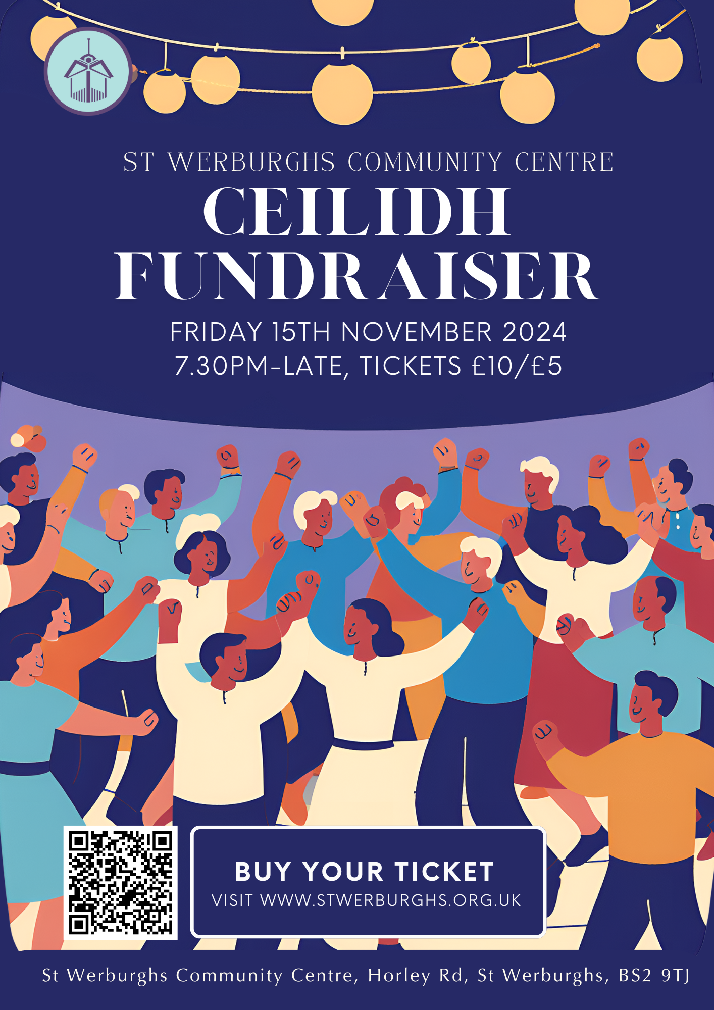 Ceilidh fundraiser poster showing illustration of men and women dancing in a circle and details of the event. 